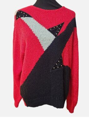 Vintage Le Chois Sweater 80s Womens Large Red Black Silver Geometric